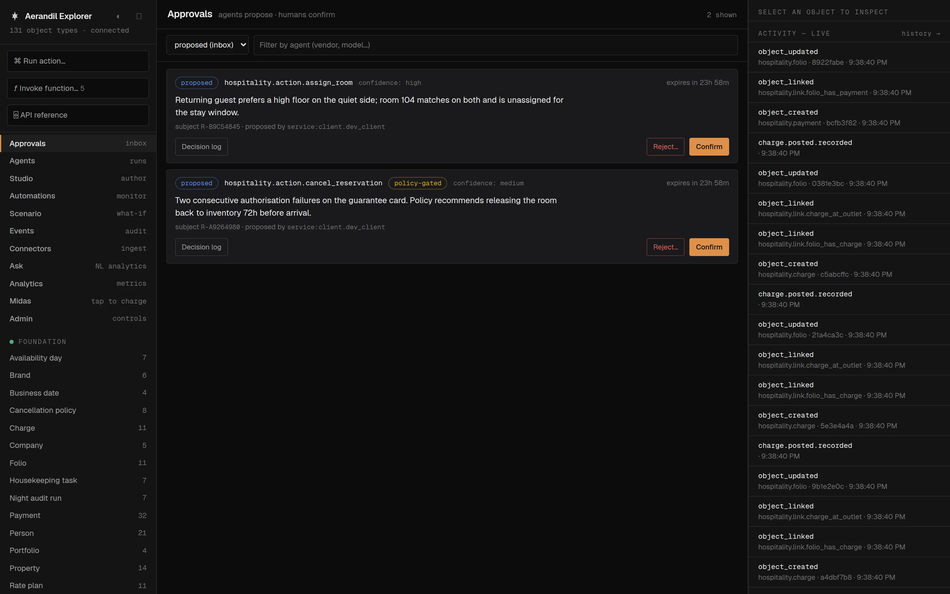 The Explorer approvals inbox — agent-proposed actions awaiting human confirmation