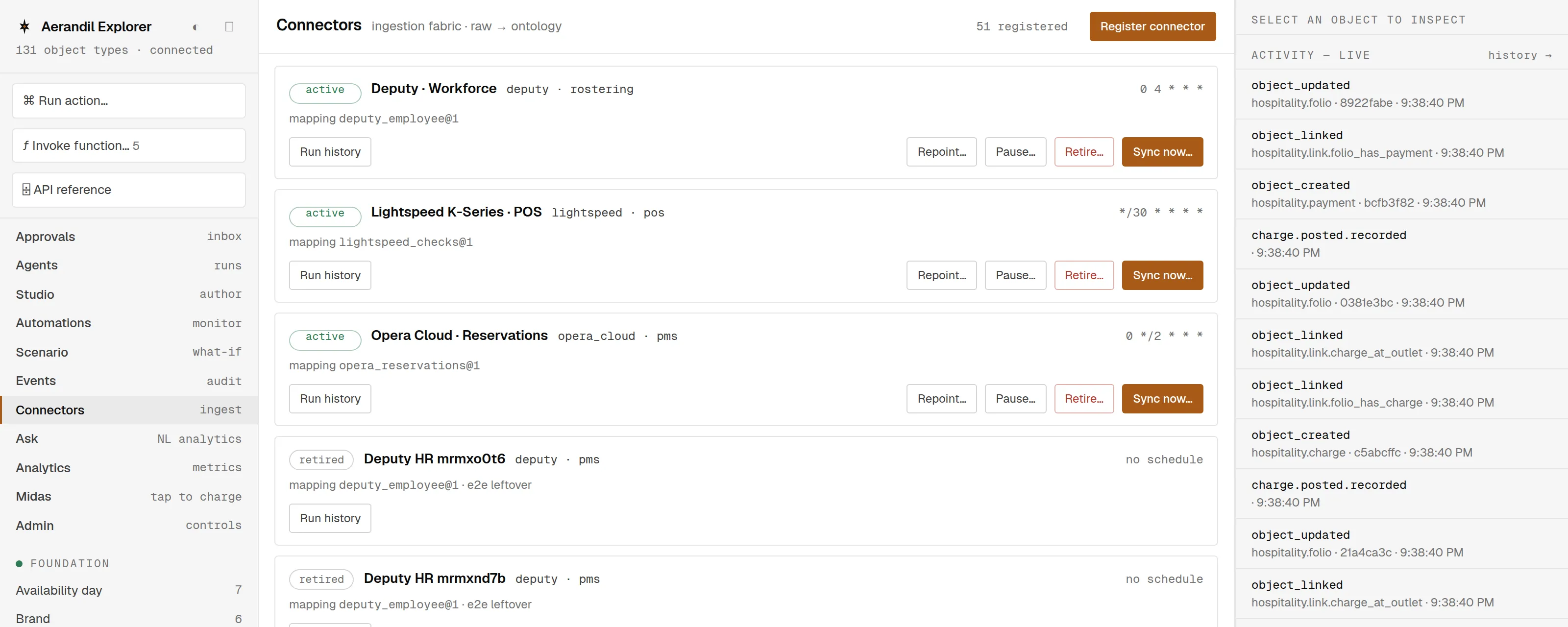 The Explorer connectors dashboard — registered connectors with schedules, mappings, and audited run history